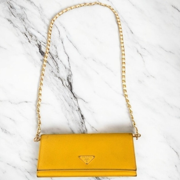 PRADA Authentic Giallo Tessuto Nylon Wallet on detachable Gold White Rope Chain - Picture 1 of 17